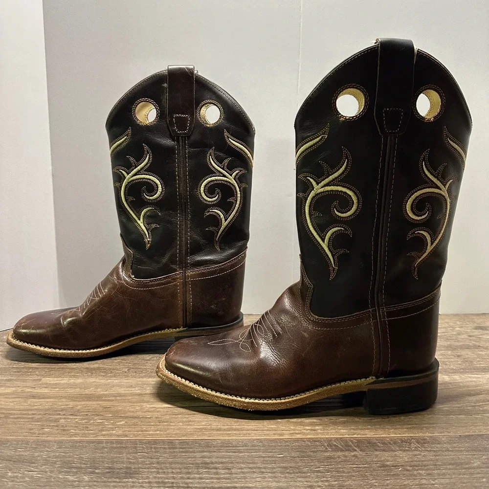 Old West Kids Boys Brown Leather Square Toe Western Cowboy Boots BSY1807 Size 4D